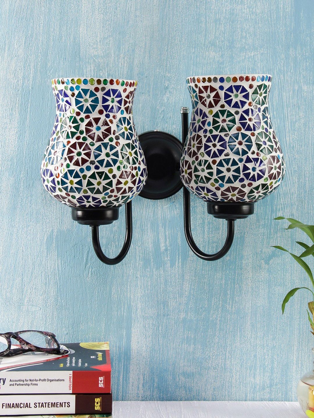 Devansh Off-White & Blue Solid Mosaic Wall Armed Sconce-image-25
