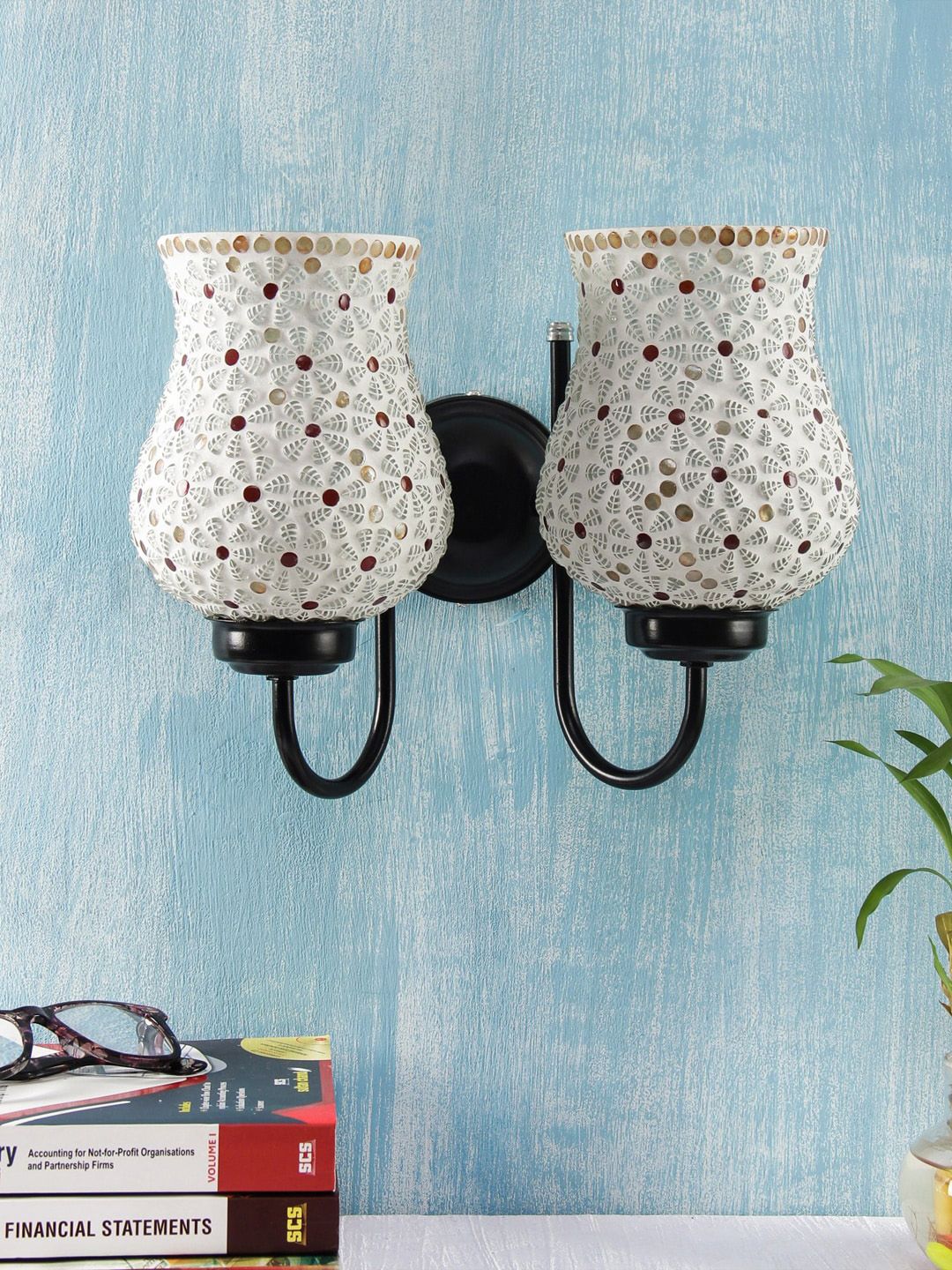Devansh White & Gold-Toned Mosaic Traditional Wallchiere Lamp-picture-37