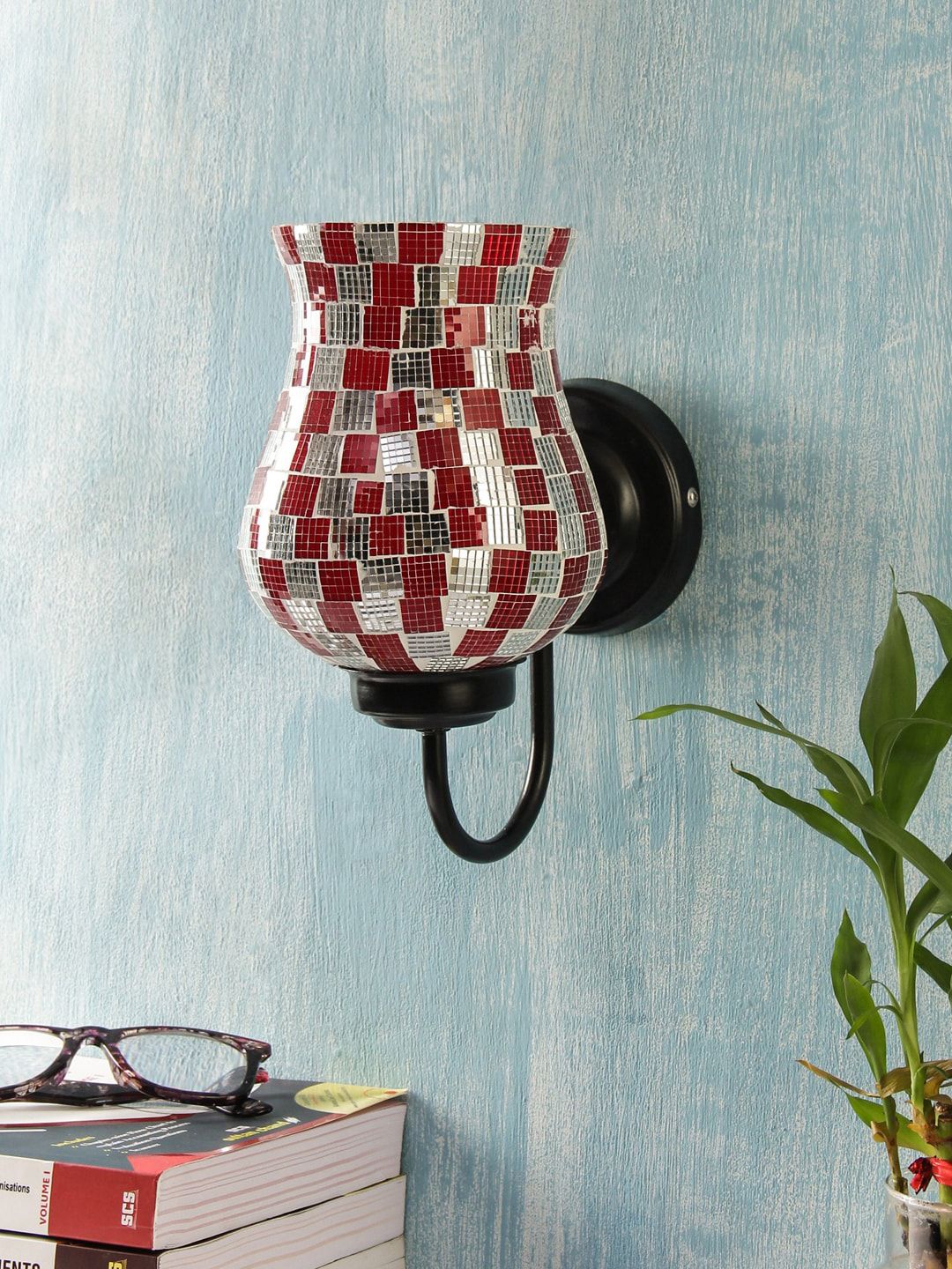 Devansh Red & Silver-Toned Textured Mosiac Wallchiere Lamp-image-42