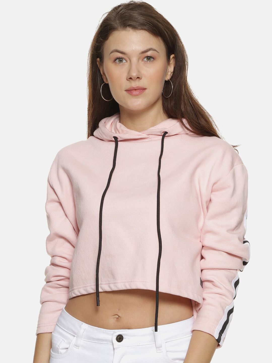 PINACOLADA Women Pink Solid Hooded Crop Hooded Cotton Sweatshirt-picture-12