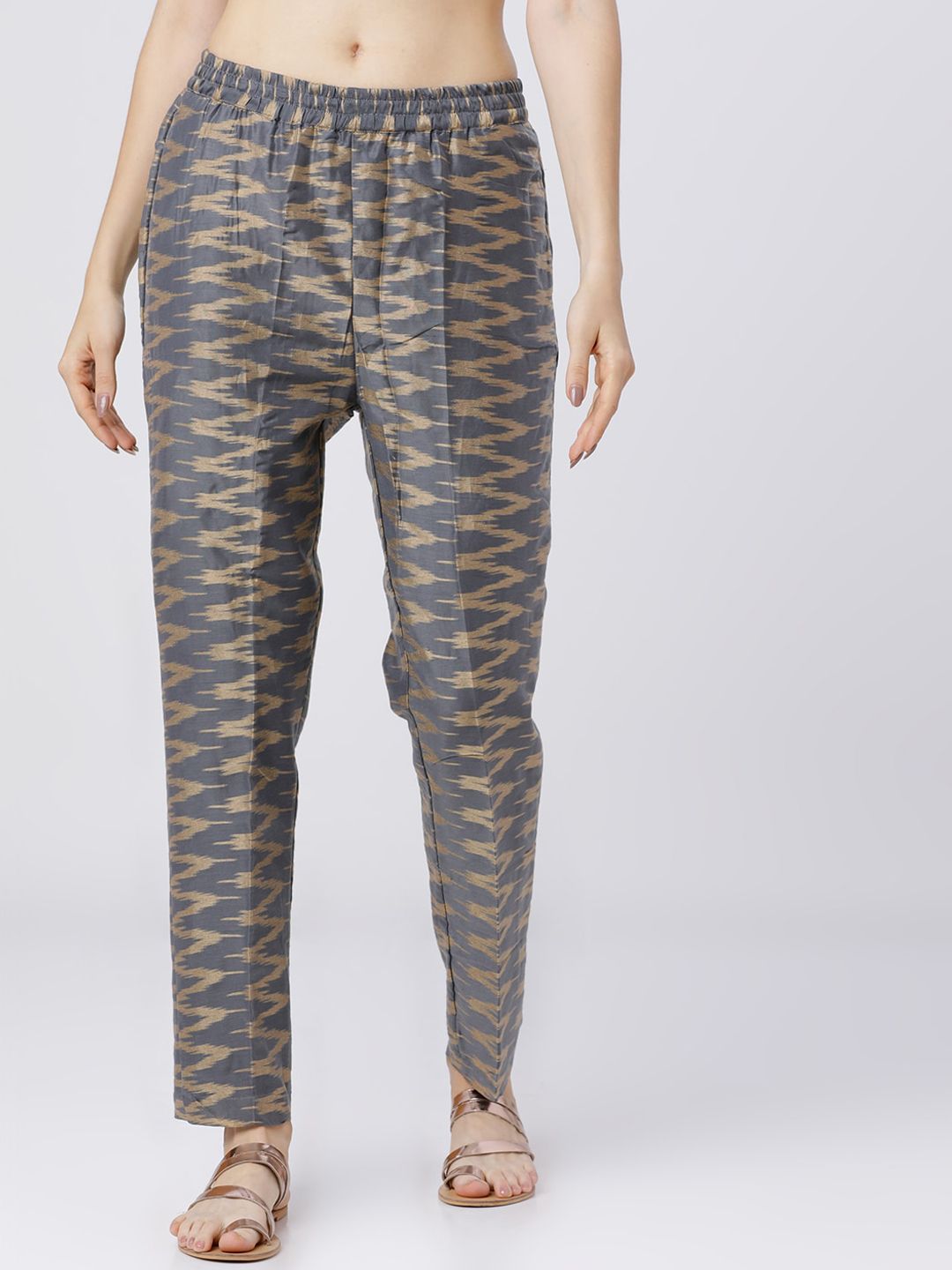 Vishudh Women Grey & Gold-Toned Regular Fit Printed Trousers-picture-13