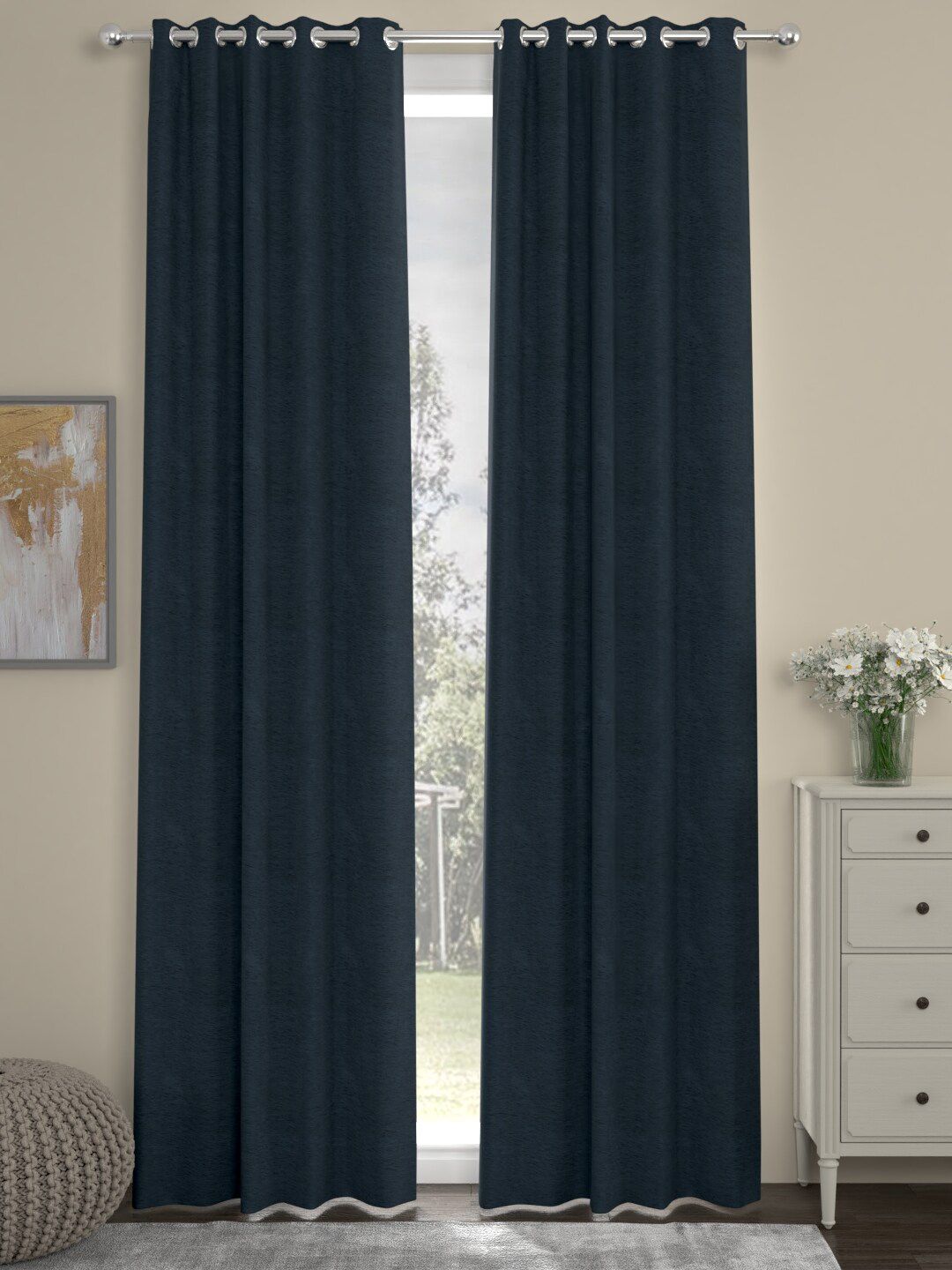 ROSARA HOME Navy Blue Set of 2 Solid Door Curtains-picture-17