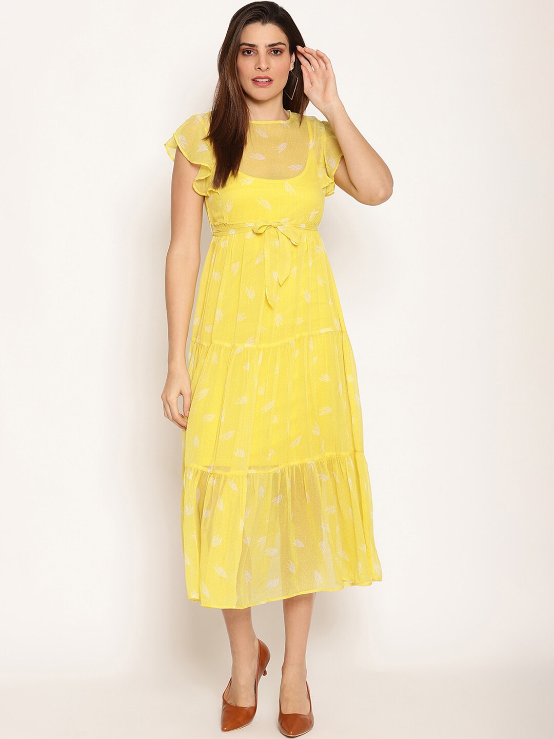 HOUSE OF KKARMA Women Yellow Printed Fit and Flare Dress