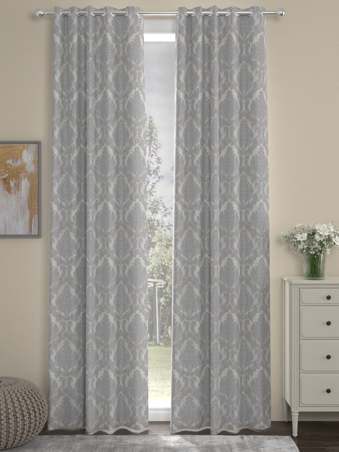 ROSARA HOME Silver-Toned & Grey Set of 2 Long Door Curtains-picture-0