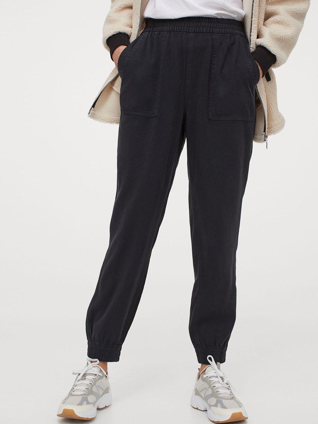 H&M Women Black Soild Modal Twill Trousers