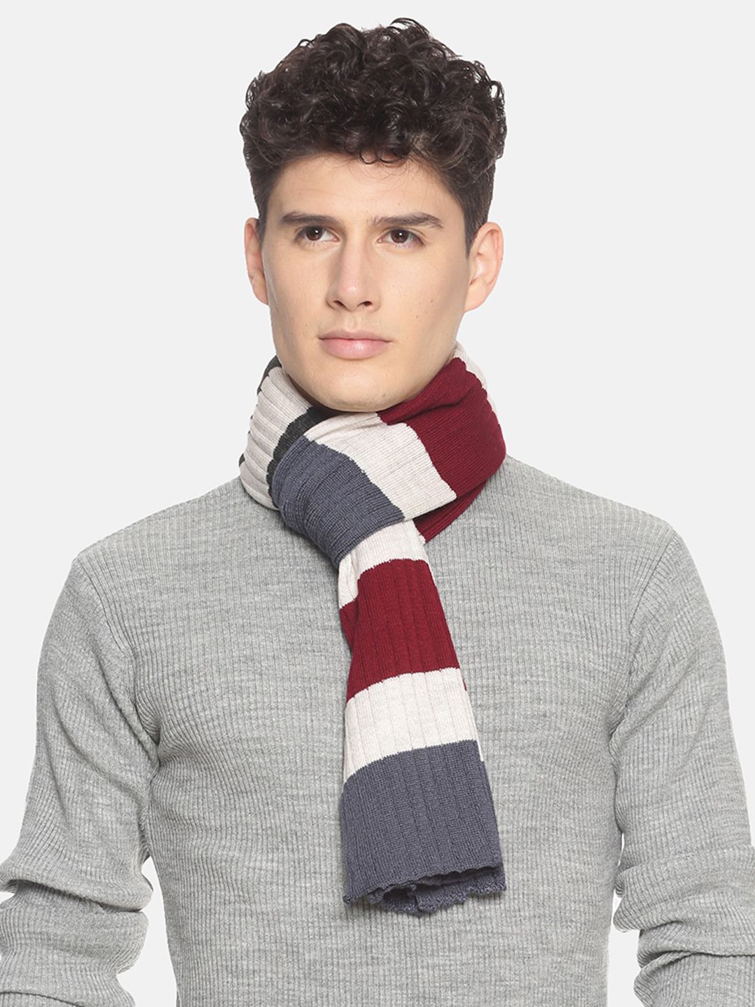 513 Men Grey & Maroon Striped Muffler-image-28