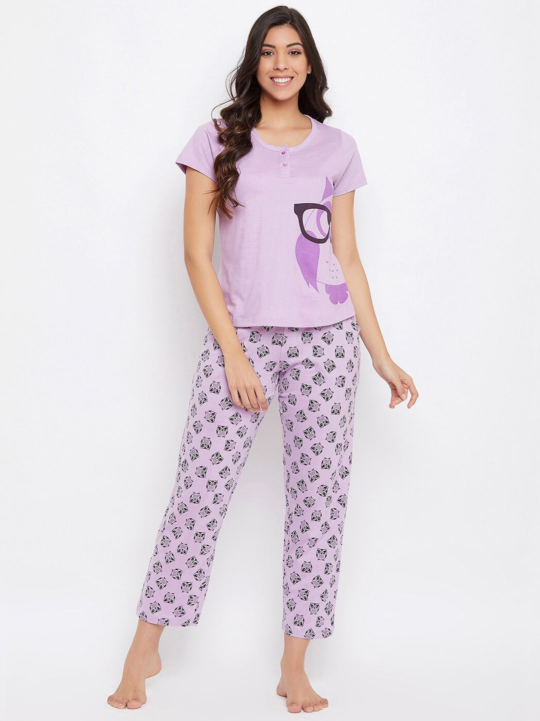 Clovia Owl Print 100% Cotton Button Down Top & Pyjama Night suit-picture-46