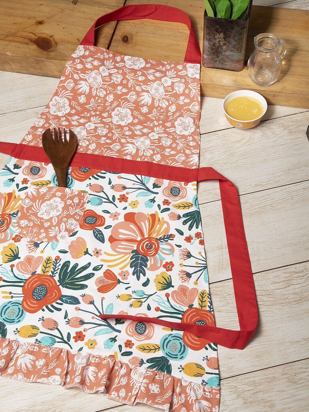 BLANC9 Unisex Orange & White Floral Printed Cotton Apron-image-20