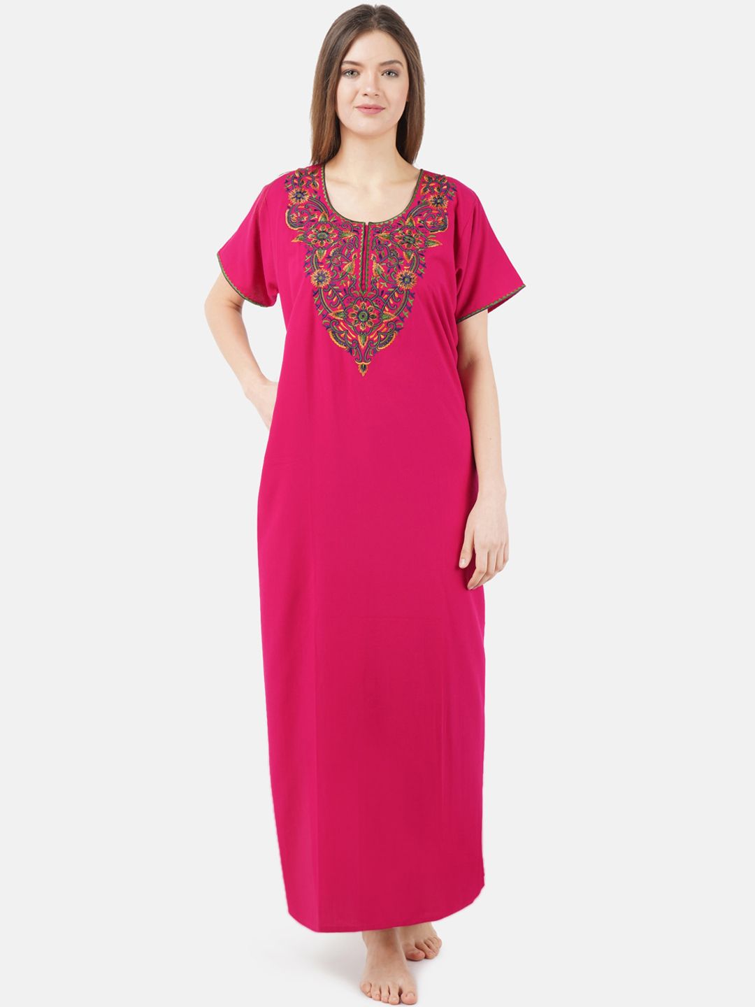 KOI SLEEPWEAR Woman Pink & Green Embroidered Cotton Maxi Nightdress-picture-21