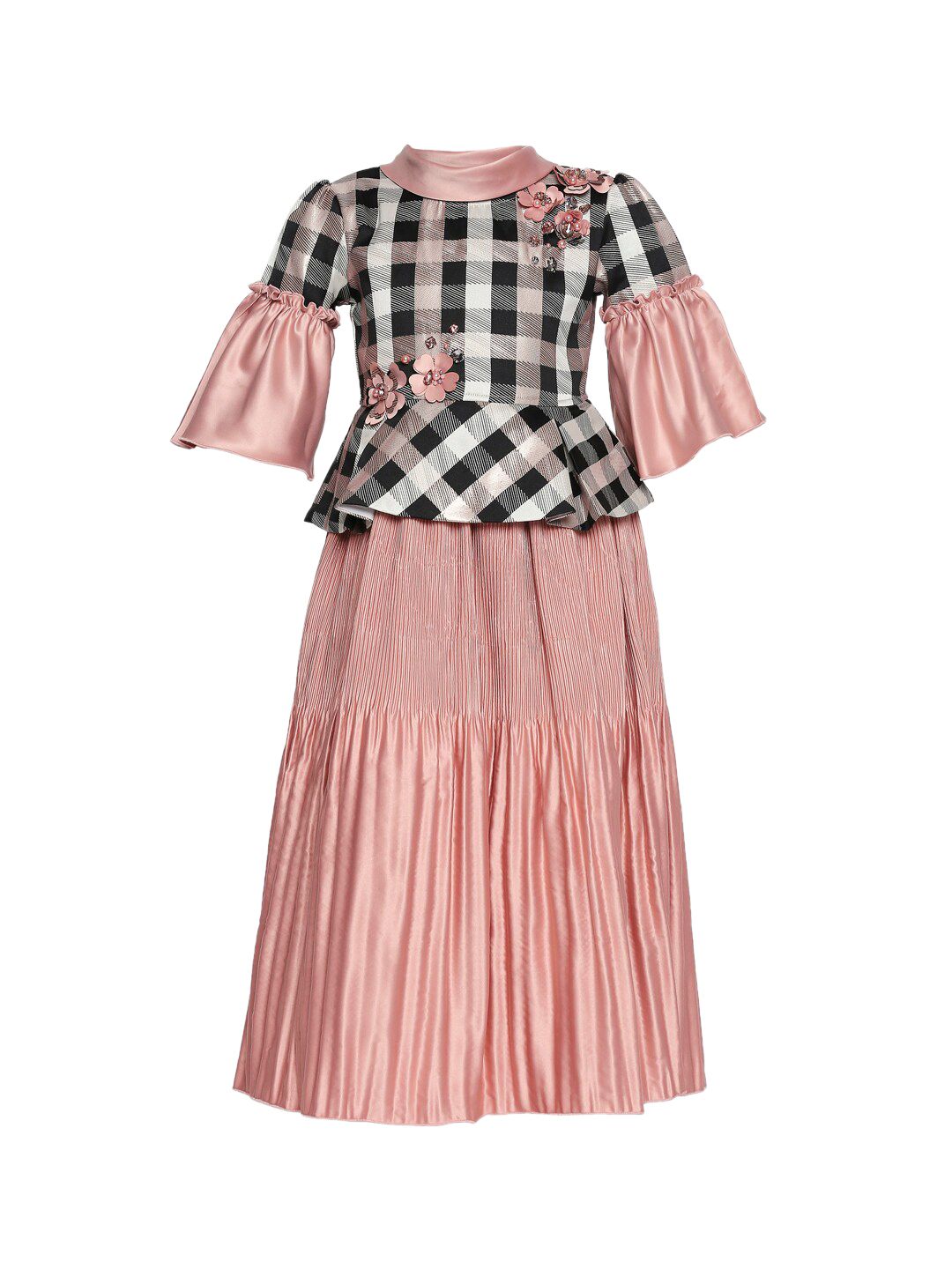 Tiny Baby Girls Peach-Coloured & Black Checked Peplum Dress-picture-24