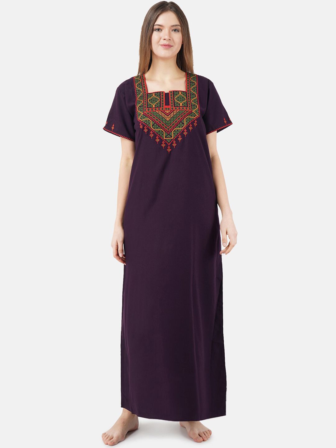 KOI SLEEPWEAR Purple & Green Embroidered Cotton Nightdress-picture-18