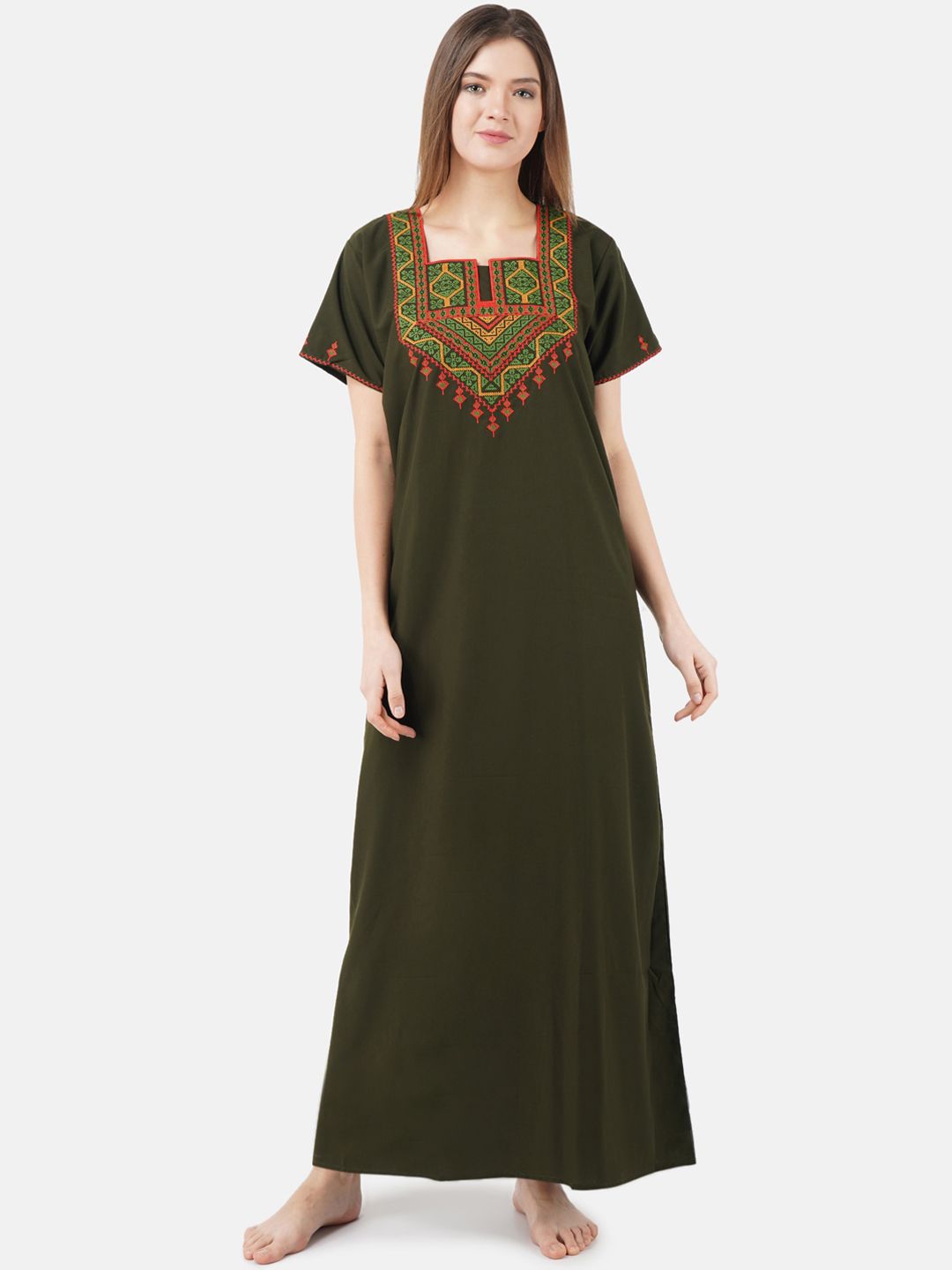 KOI SLEEPWEAR Woman Olive Green & Yellow Embroidered Nightdress-picture-14