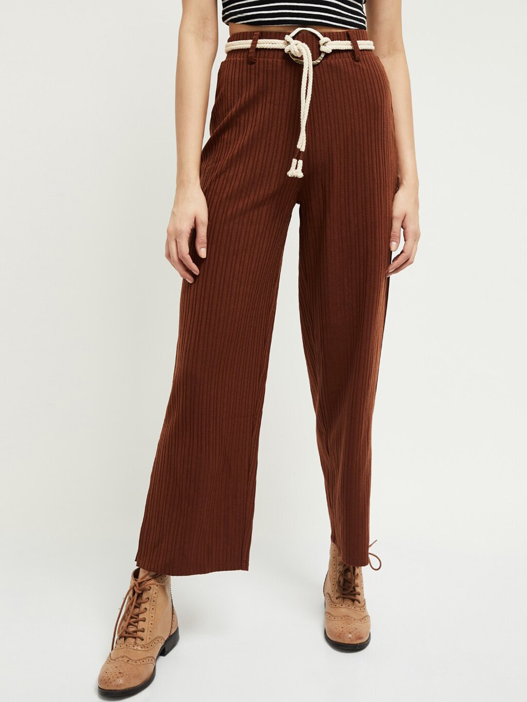 max Women Brown Regular Fit Solid Parallel Trousers