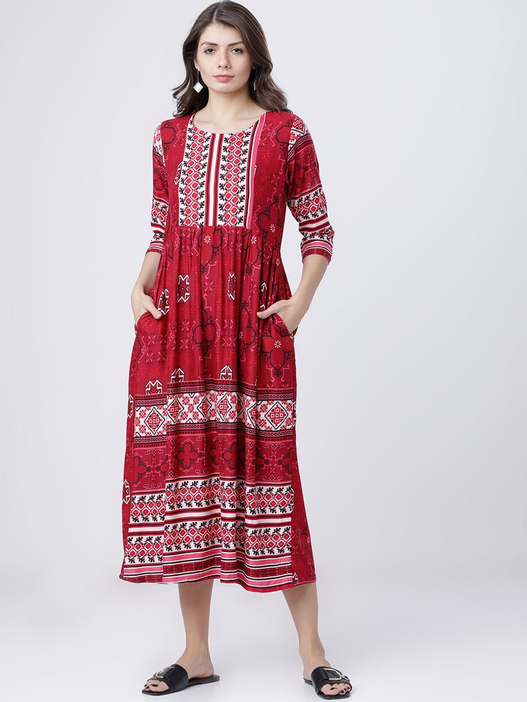 Vishudh Women Red Printed Fit and Flare Ethnic Dress