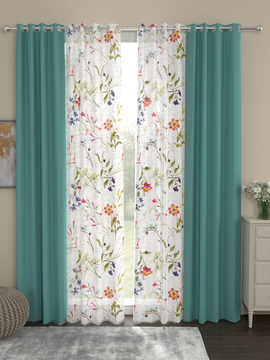 ROSARA HOME Sea Green Floral Pack of 4 Eyelet Black Out and Sheer Long Door Curtains-image-29