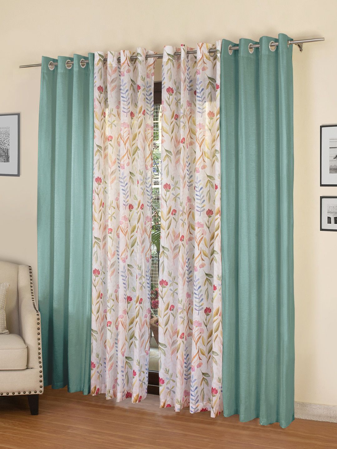 ROSARA HOME Set of 4 Blue & White Regular Long Door Curtains-picture-45