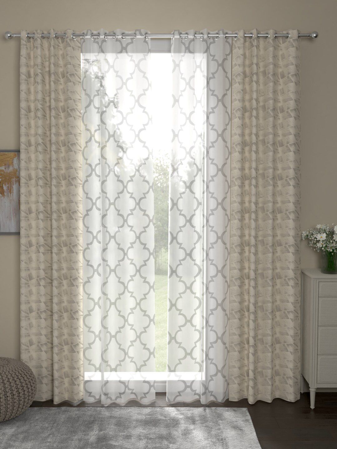 ROSARA HOME Beige & White Set of 4 Geometric Long Door Curtains-image-18