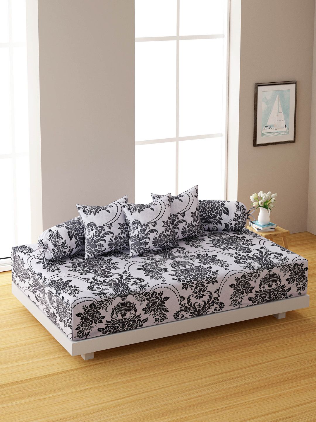 SWAYAM Set Of 6 Grey & White Floral Printed 120 TC Bedsheet With Bolster & Cushion Covers-picture-17