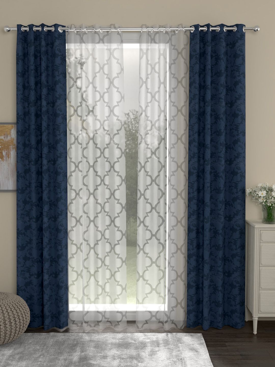 ROSARA HOME Navy Blue & White Set of 4 Regular & Sheer Eyelet Long Door Curtains-picture-17