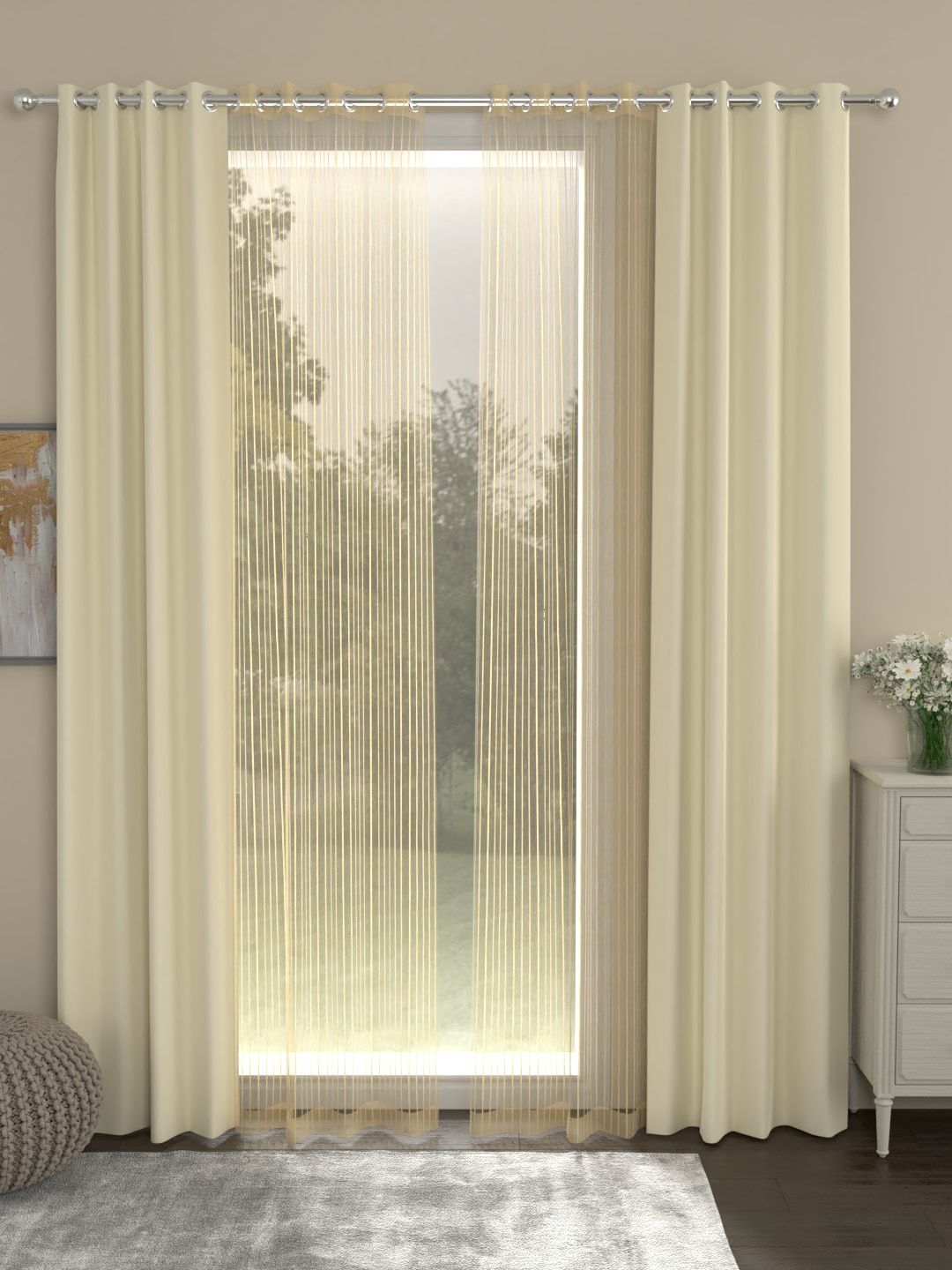 ROSARA HOME Cream-Coloured & Gold-Toned Set of 4 Blackout & Sheer Long Door Curtains-image-28