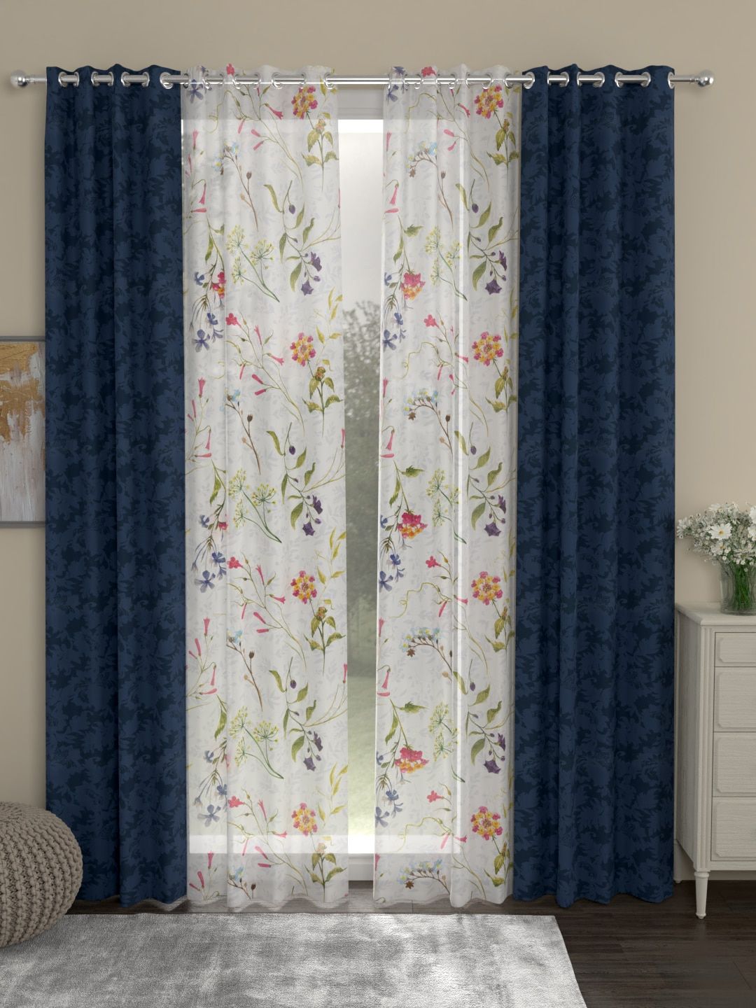 ROSARA HOME Navy Blue & White Set of 4 Sheer Long Door Curtains-picture-26