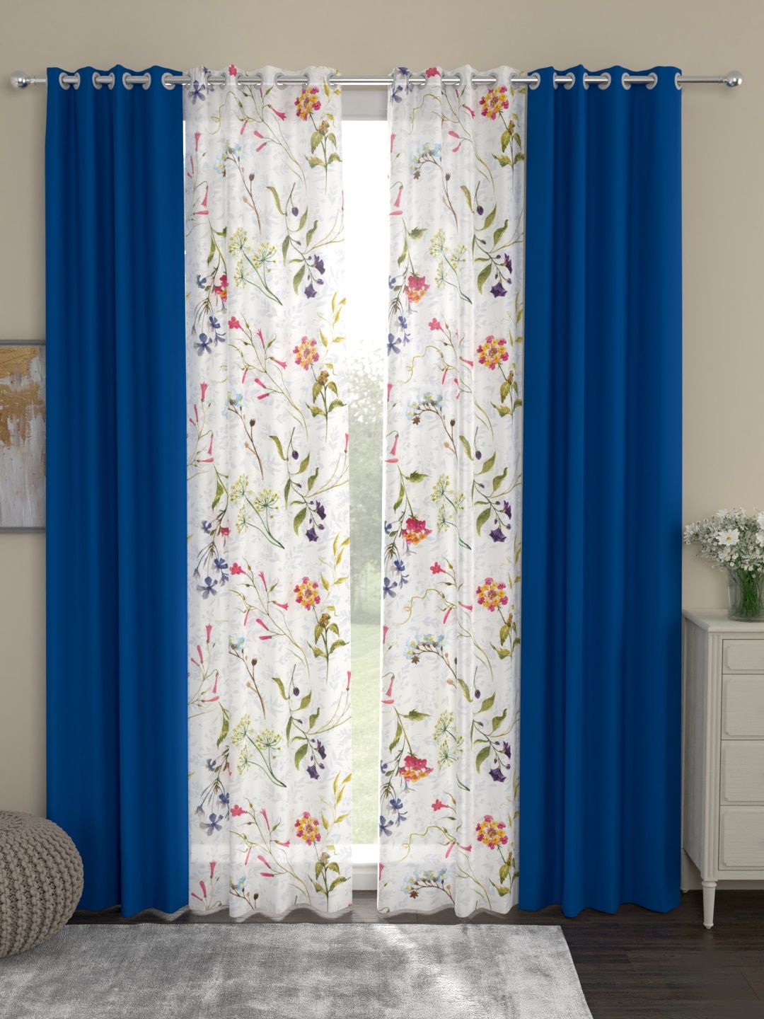ROSARA HOME Blue & White Set of 4 Black Out & Sheer Eyelet Long Door Curtains-image-26