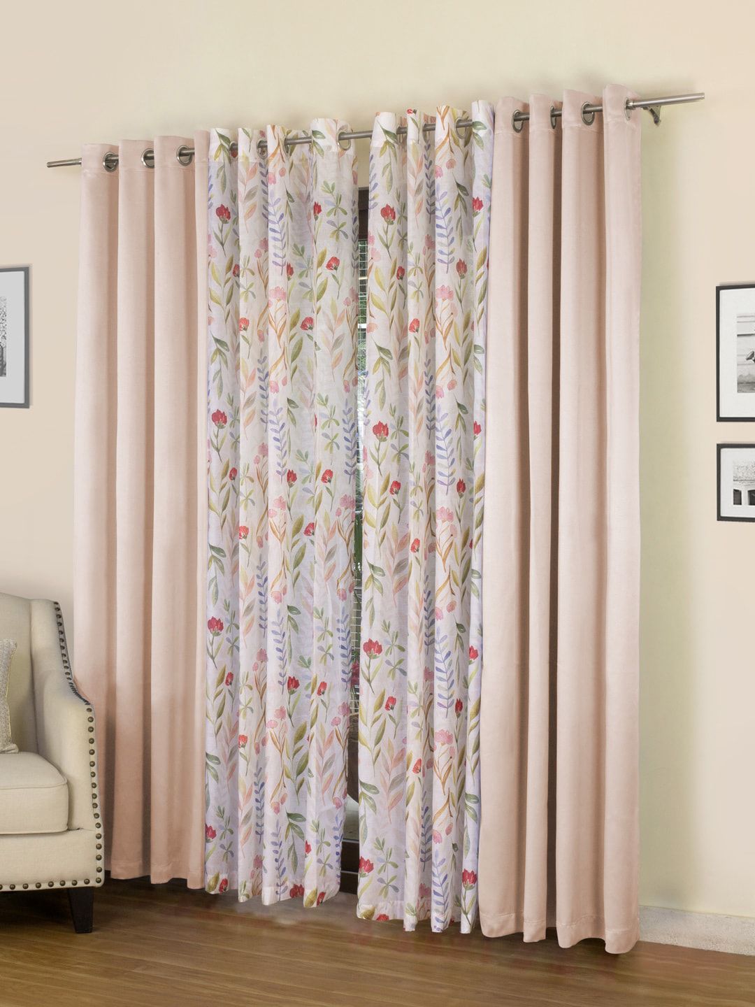 ROSARA HOME Set of 4 Peach-Coloured & White Regular Long Door Curtains-image-7
