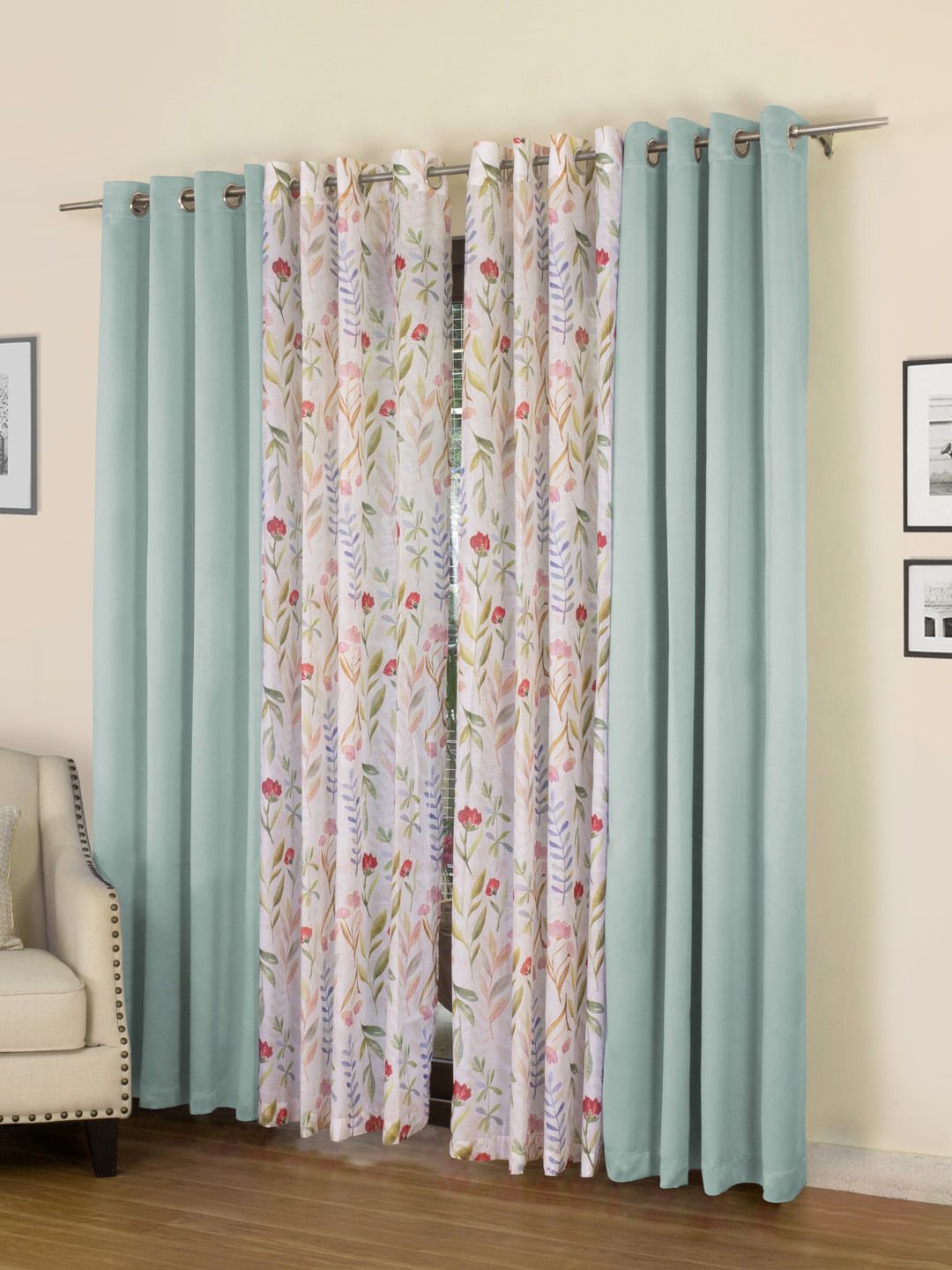 ROSARA HOME Sea Green & White Set of 4 Black Out Long Door Curtains-image-40