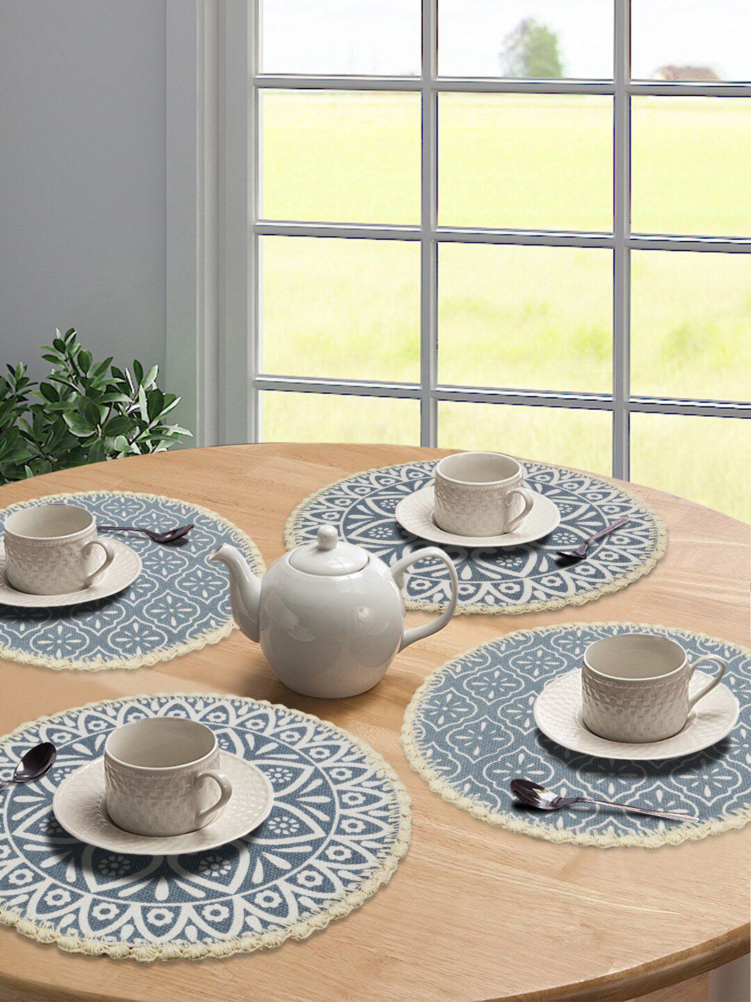 Saral Home Set of 4 Grey & White Woven Ethnic Motifs Sustainable Table Placemats-image-37