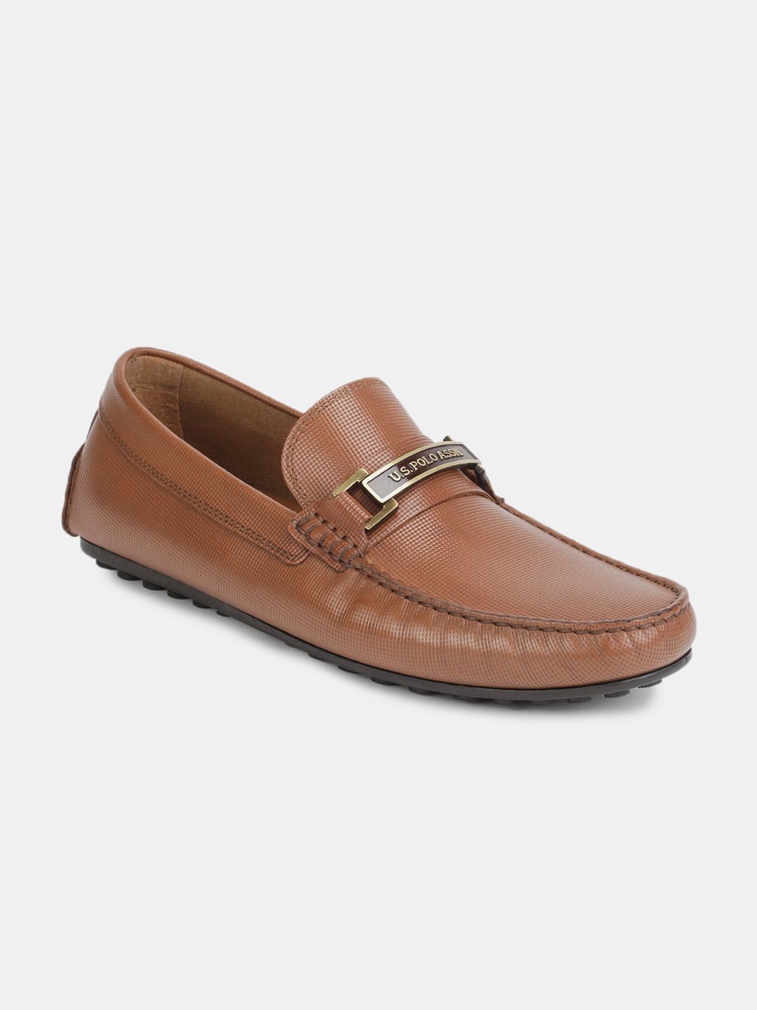 U.s. Polo Assn. Men Tan Brown Textured Leather Loafers-image-3