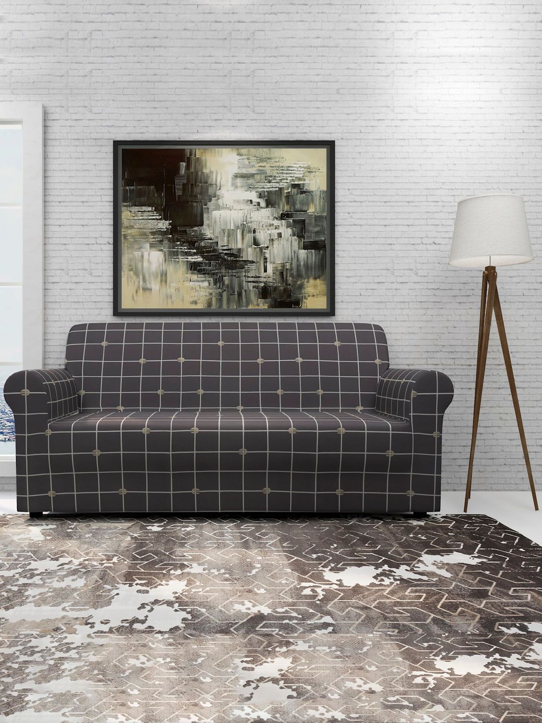 Cortina Grey & White Printed 1-Seater Super-Stretchable Non-Slip Sofa Slipcover-image-43