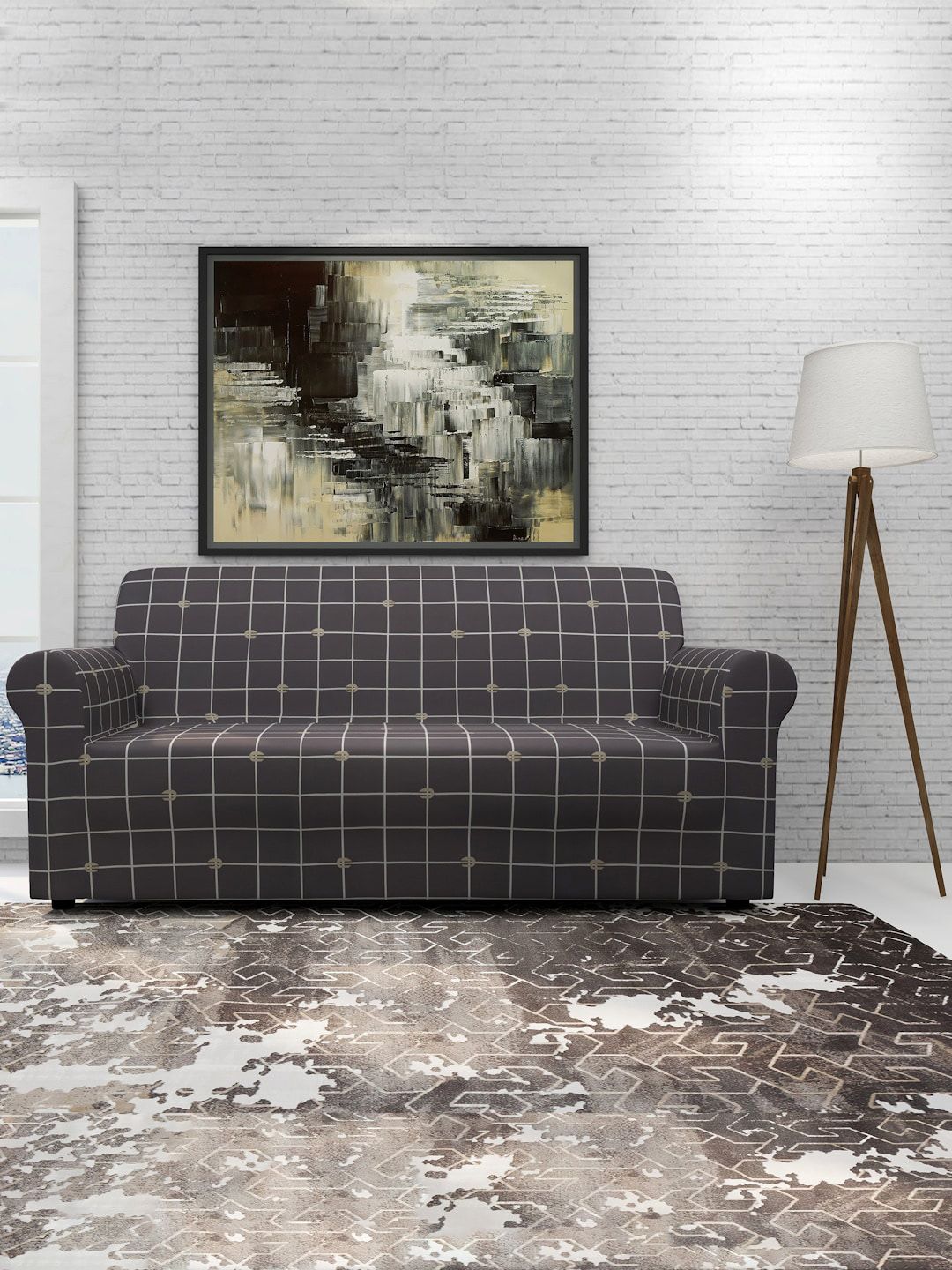 Cortina Grey & White Printed 3-Seater Super-Stretchable Non-Slip Sofa Slipcover-image-48
