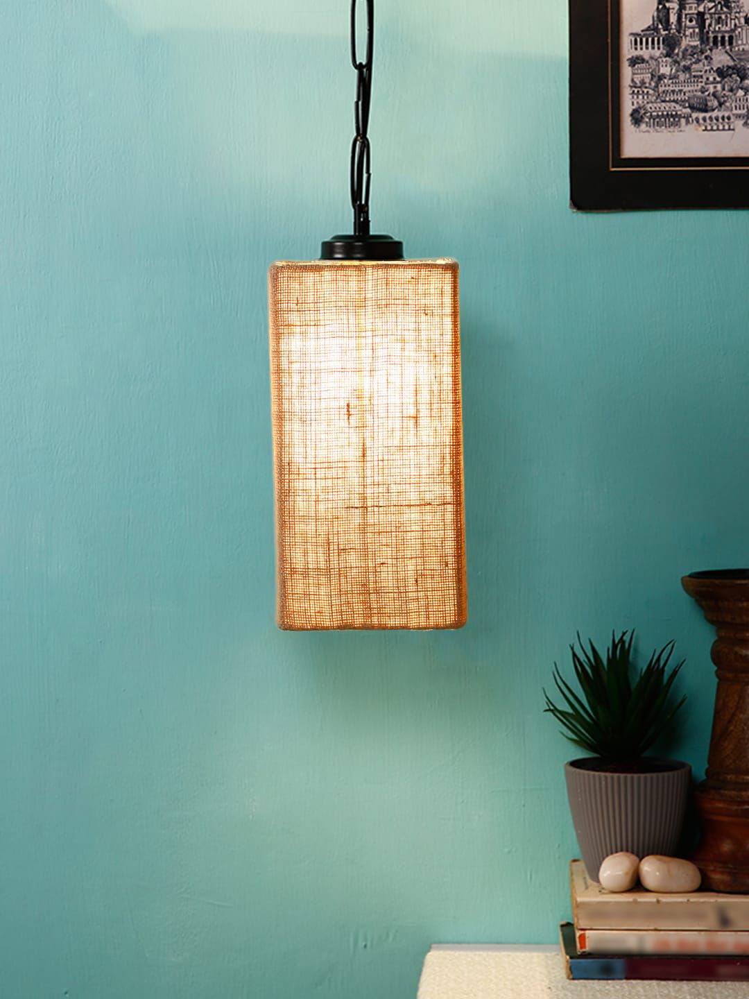 Devansh Beige & Black Solid Contemporary Jute Square Hanging Light-image-39
