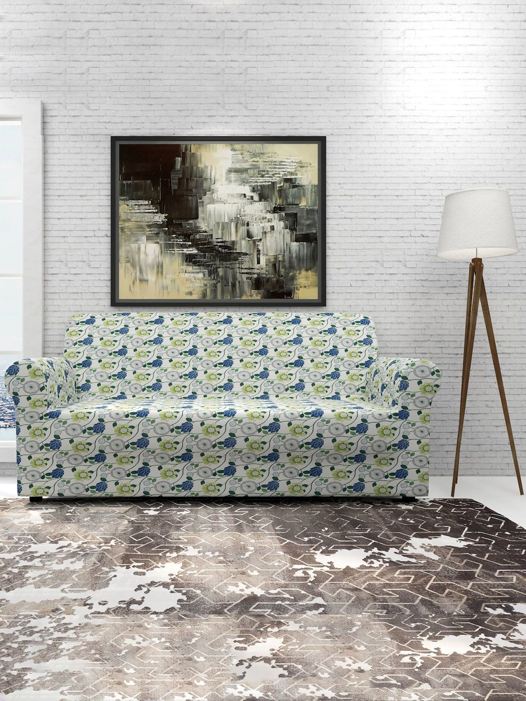 Cortina White & Green Printed 3-Seater Super-Stretchable Non-Slip Sofa Slipcover-image-48