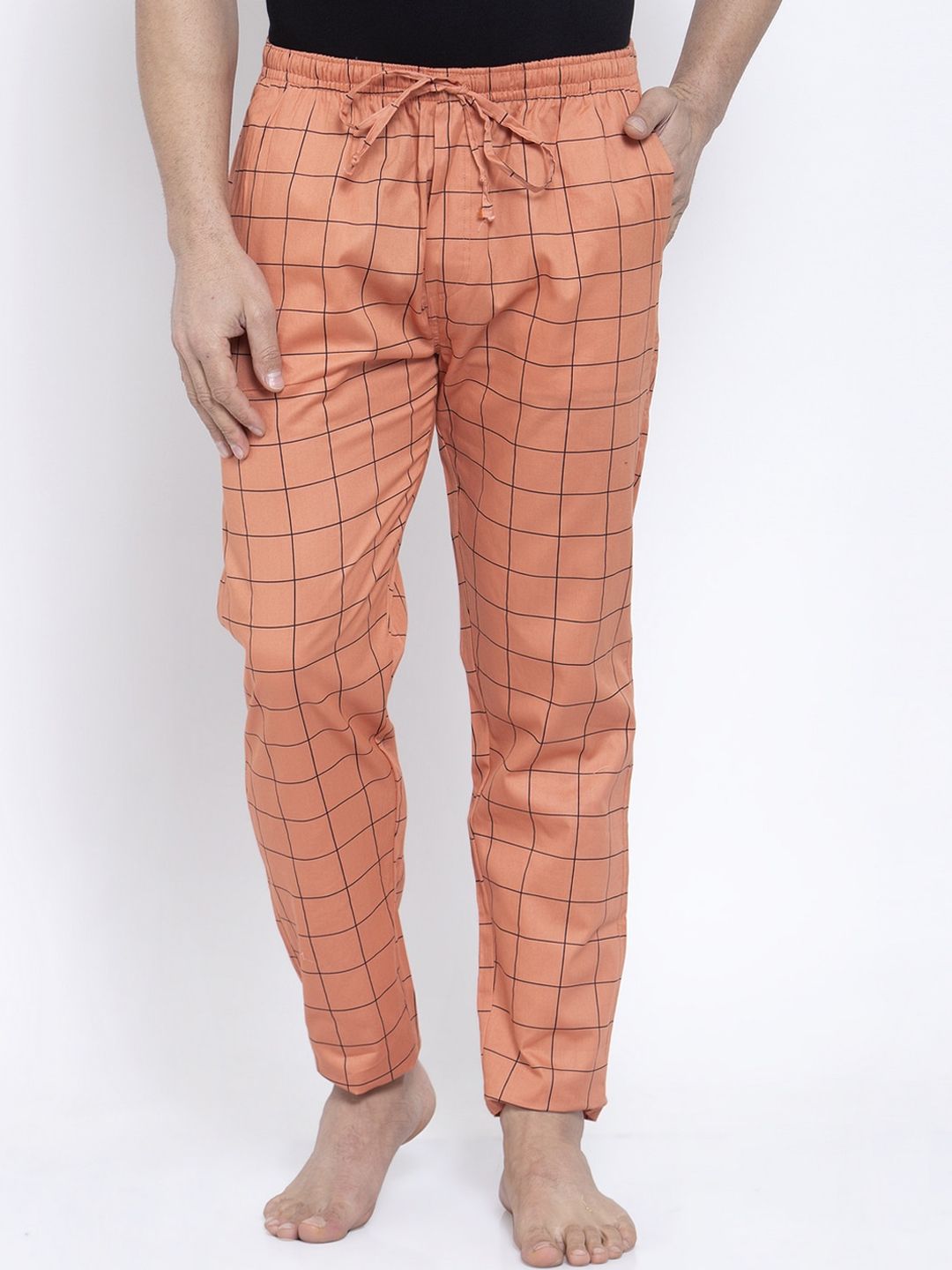 JAINISH Men Orange & Black Checked Lounge Pants-picture-43