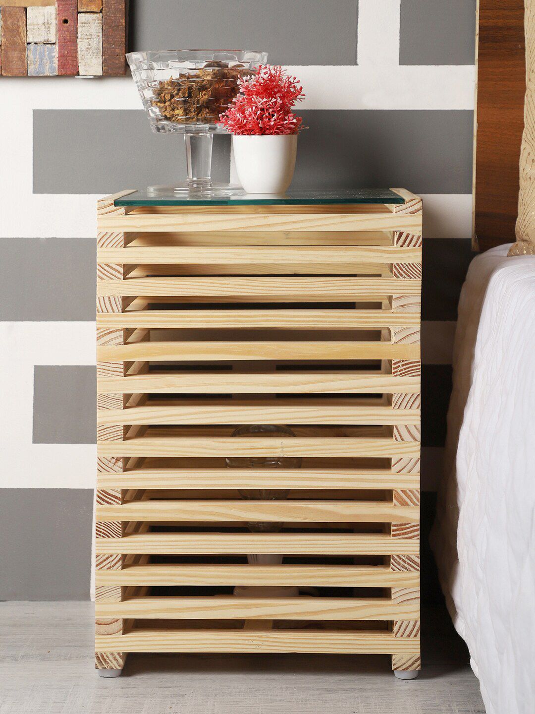 EXIM DECOR Brown Wooden Night Stand Cum End Table Shelf Lamp-image-43