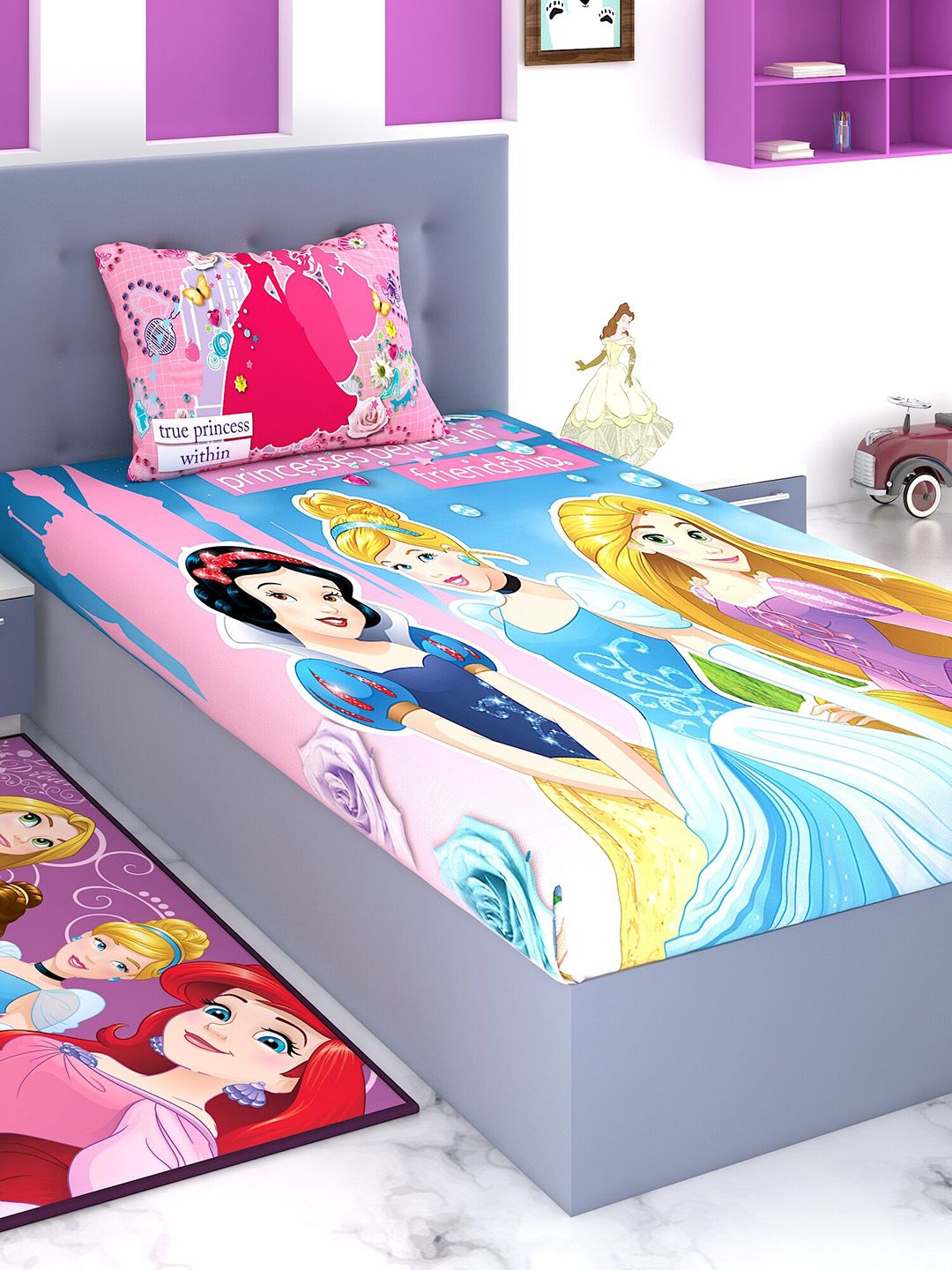 Disney Blue & Pink Cartoon Characters 180 TC Cotton 1 Single Bedsheet with 1 Pillow Covers-image-16