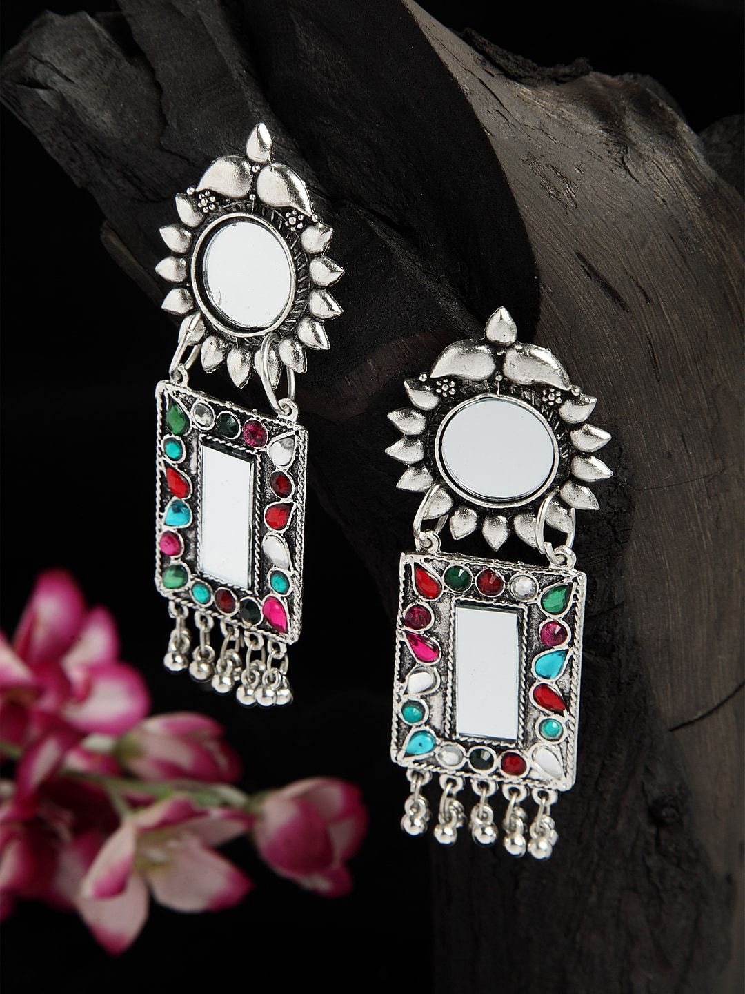 Fida Oxidised Silver Mirror Studded Floral Jhumka Earring For Women