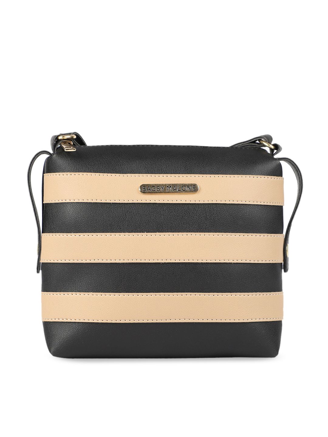 Bagsy Malone Black & Beige Striped Sling Bag-image-5