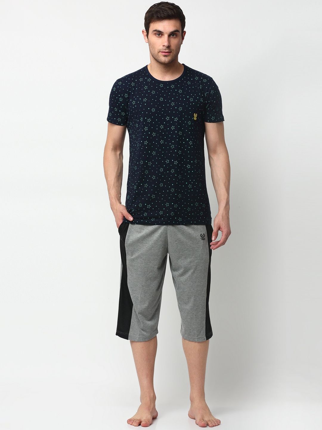 VIMAL JONNEY Men Navy Blue & Grey Melange Printed Night suit-image-15