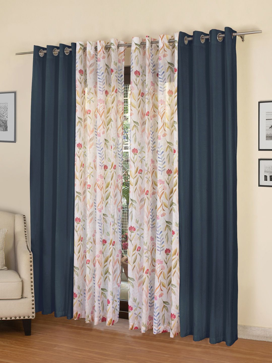 ROSARA HOME Navy Blue & White Set of 4 Long Door Curtains-picture-43