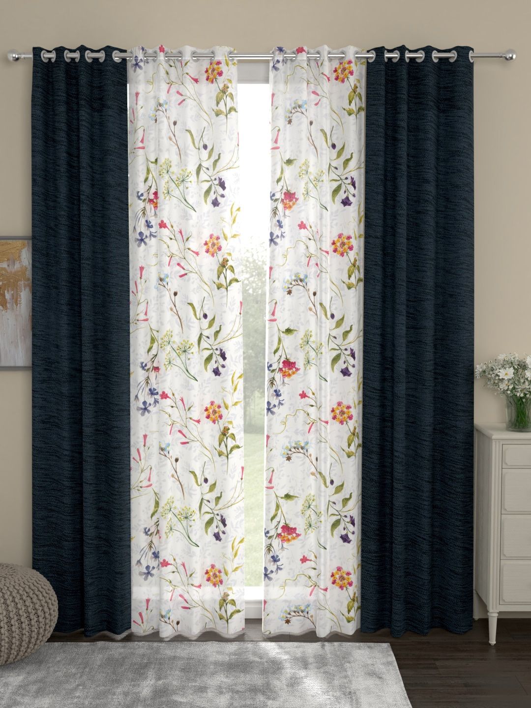 ROSARA HOME Set of 4 Navy Blue & White Regular Long Door Curtains-picture-44