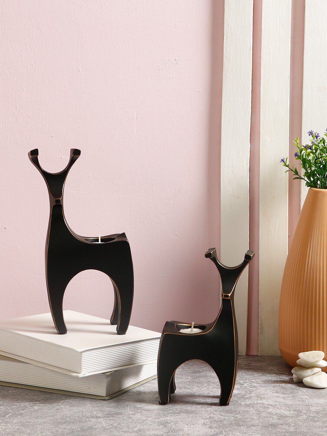 TAYHAA Set of 2 Black & Gold-Toned Deer Pair Tea Light Holder Showpieces-image-19