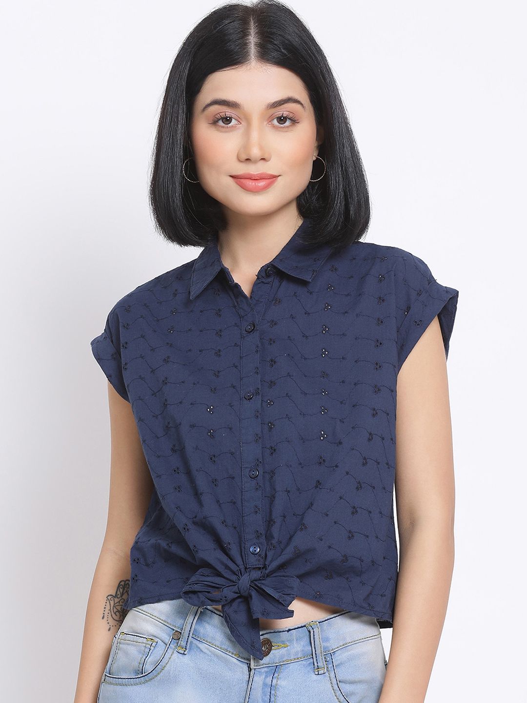 Oxolloxo Women Navy Blue Regular Fit Self Design Casual Shirt