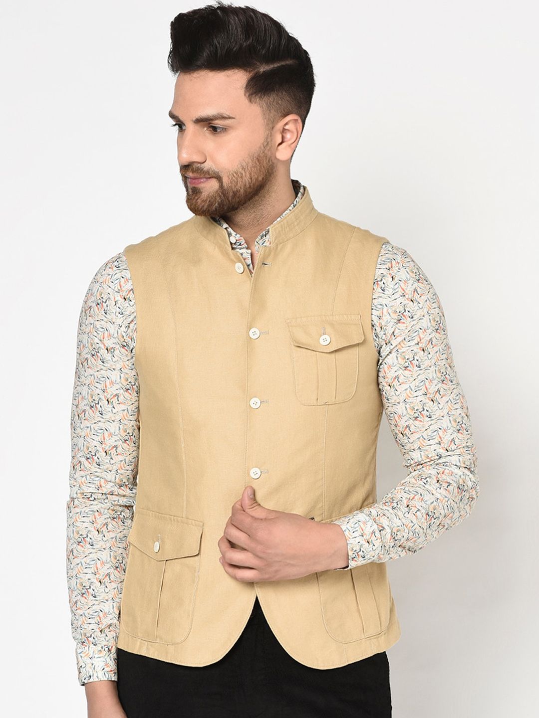Blackberrys Men Beige Solid Nehru Jacket-picture-23