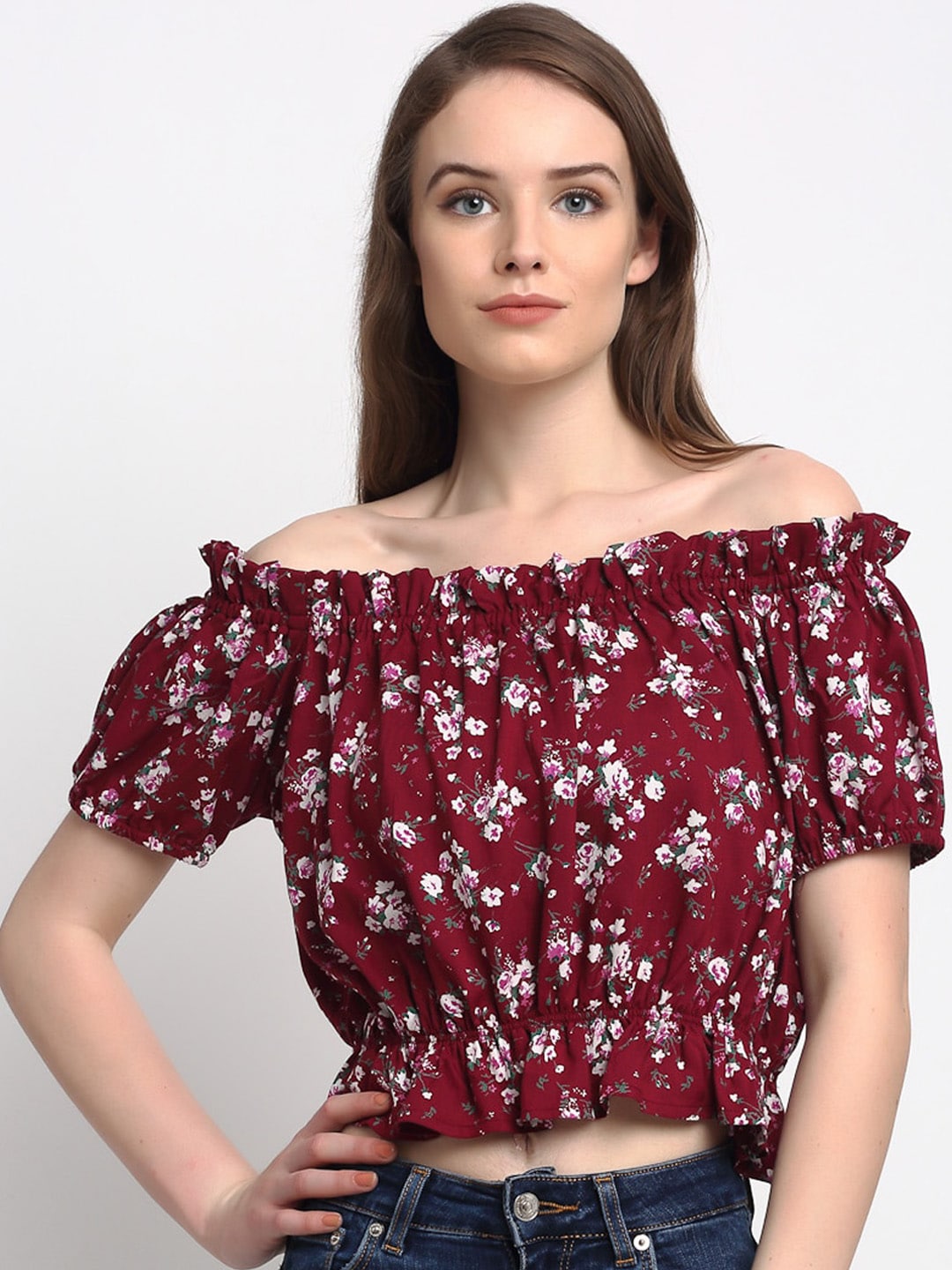 Just Wow Maroon Floral Printed Off-Shoulder Bardot Crop Top