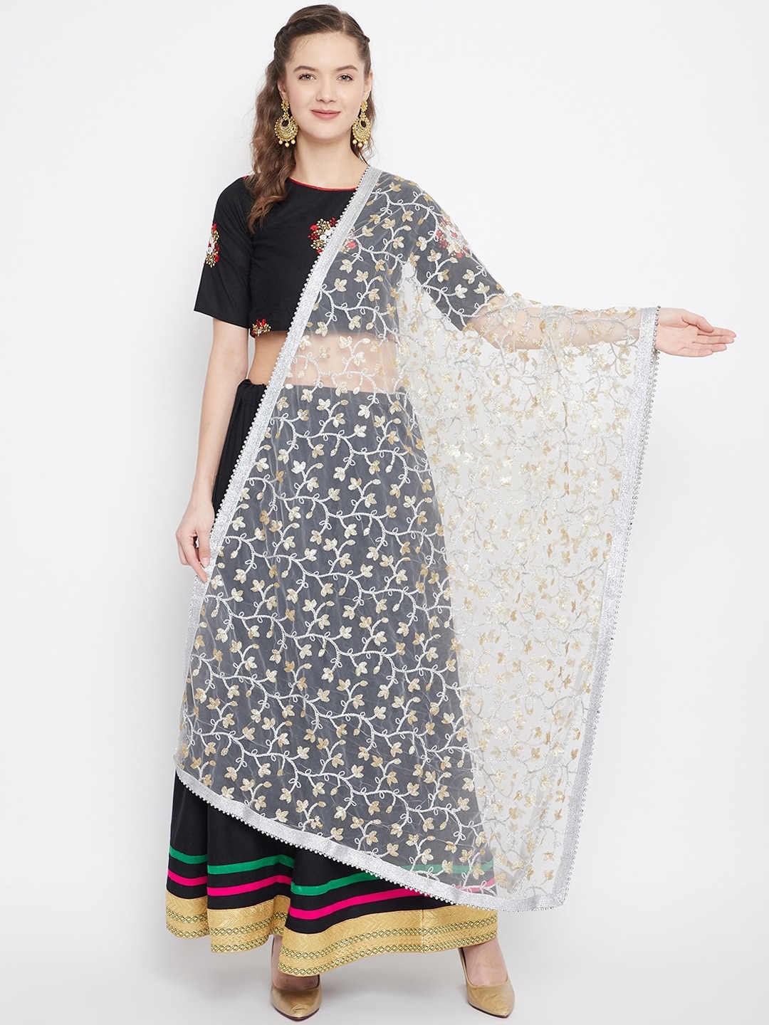Clora Creation White & Gold-Toned Embroidered Dupatta