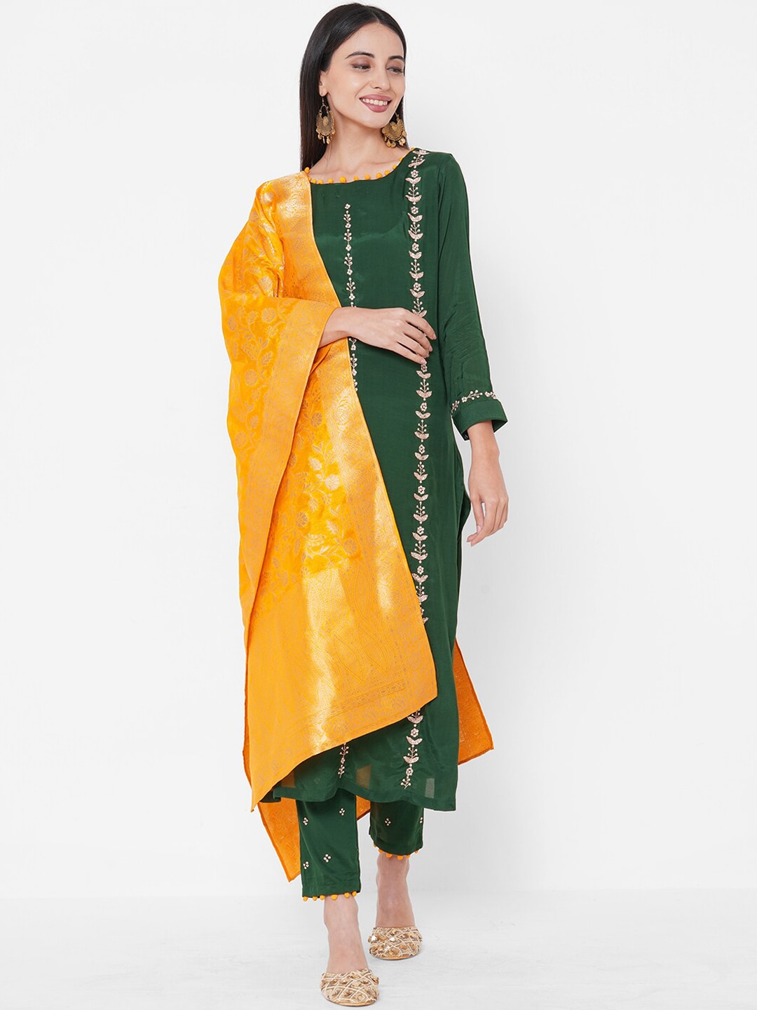 FASHOR Women Green & Orange Embroidered Kurta with Trousers & Brocade Dupatta