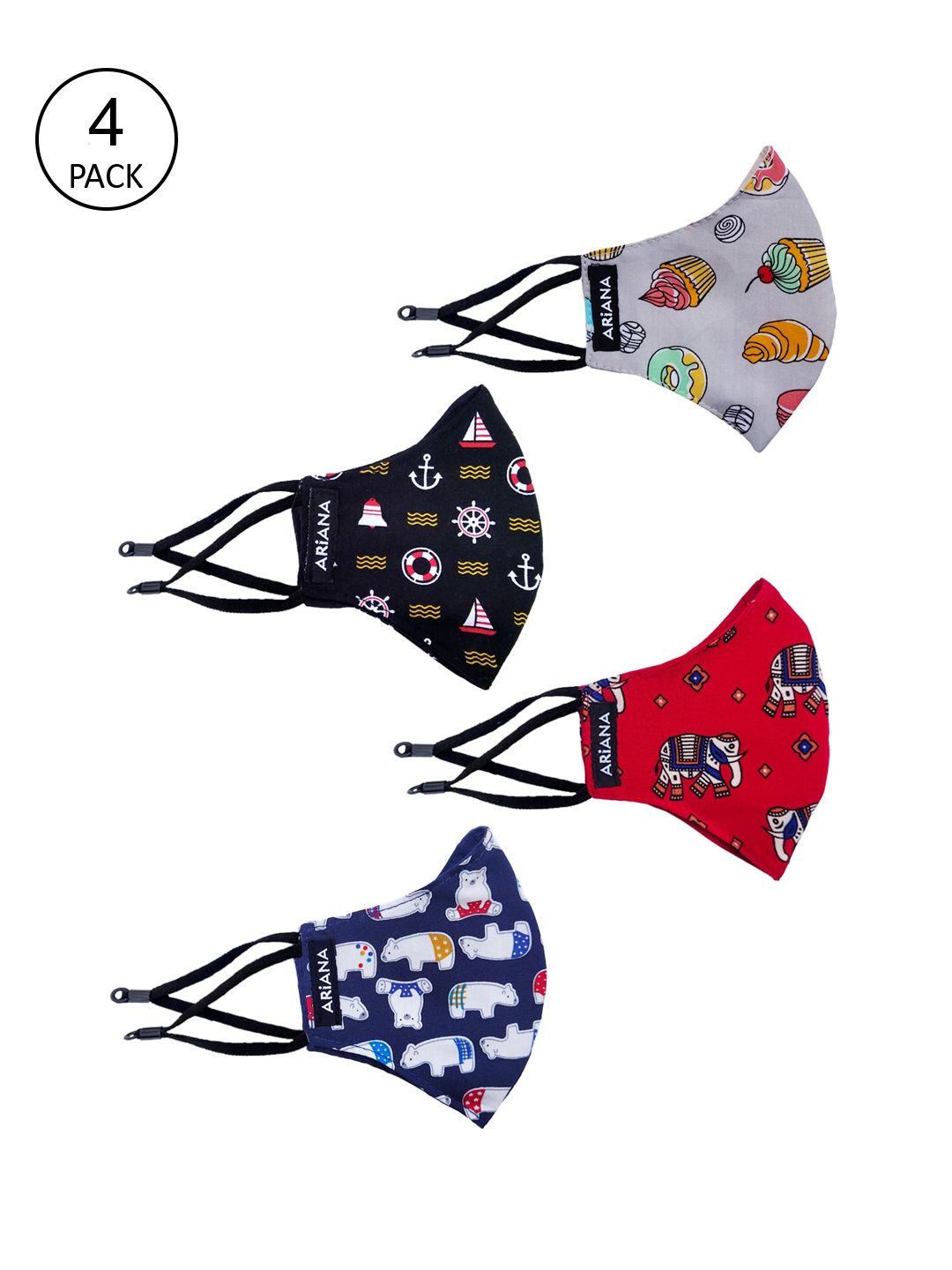Ariana Unisex Kids Pack Of 4 Multicoloured Printed 2-Ply Reusable Cloth Masks