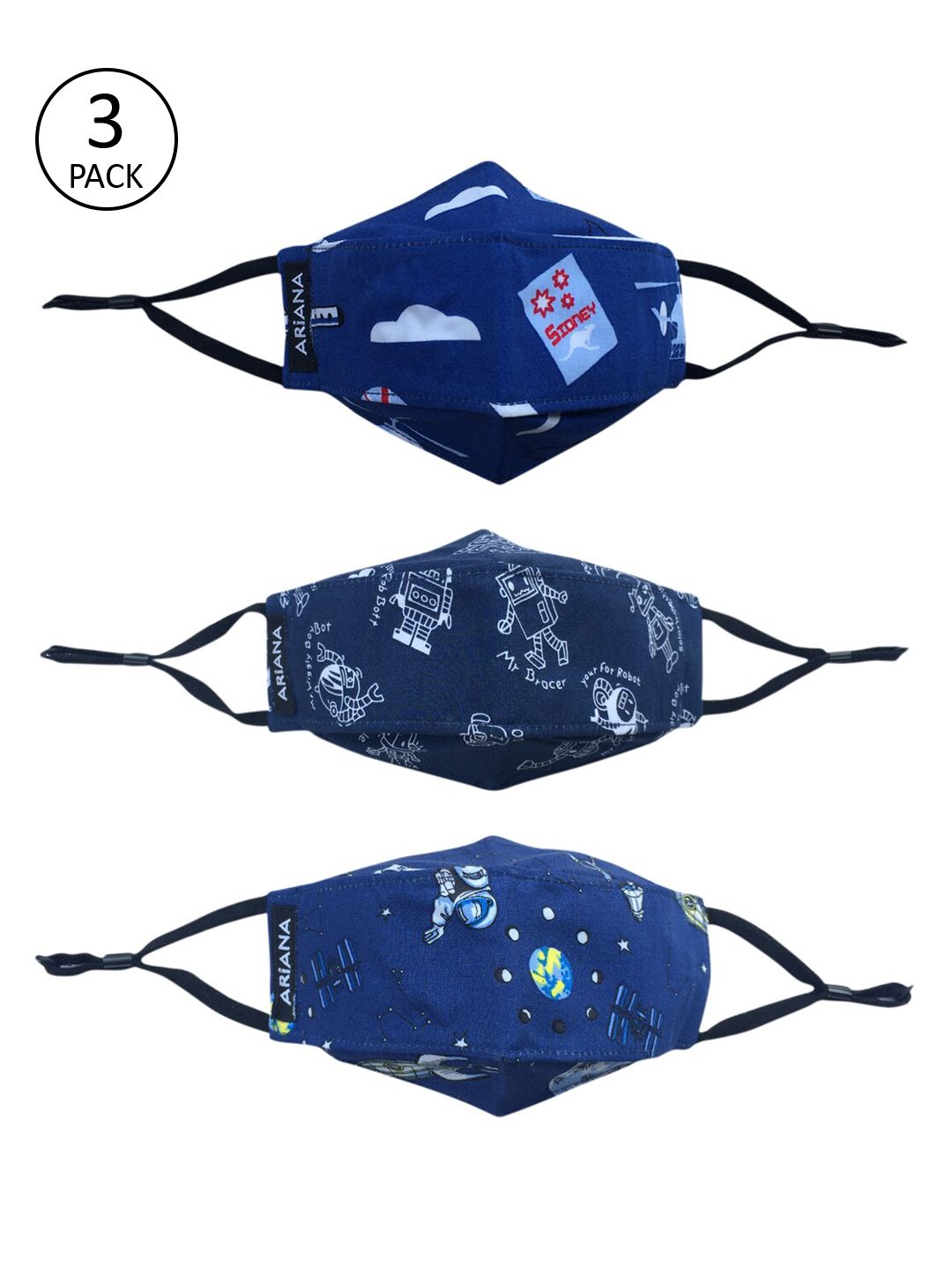Ariana Kids Pack Of 3 Blue & White Printed 7-Ply Reusable Protective 3D Outdoor Face Masks